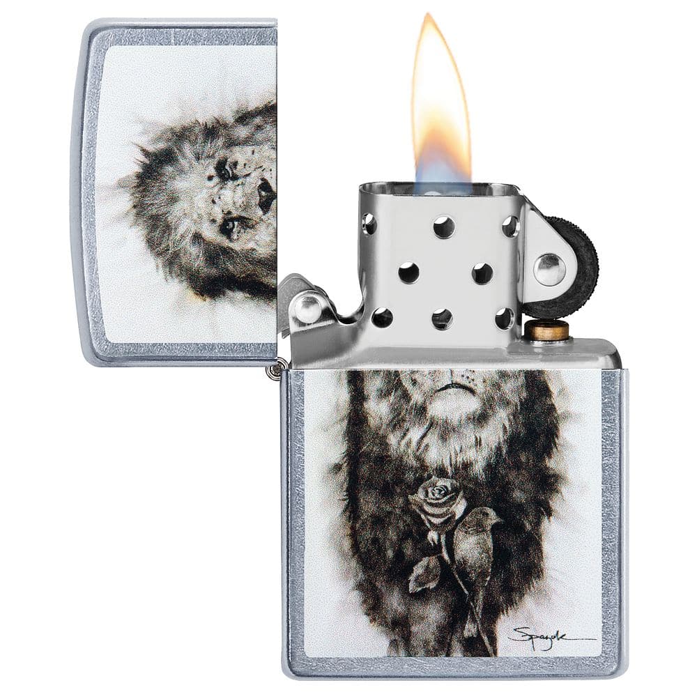 Zippo 49088 Spazuk Lion & Rose Street Chrome Windproof Lighter, Classic Model, Silver - OUTBACK