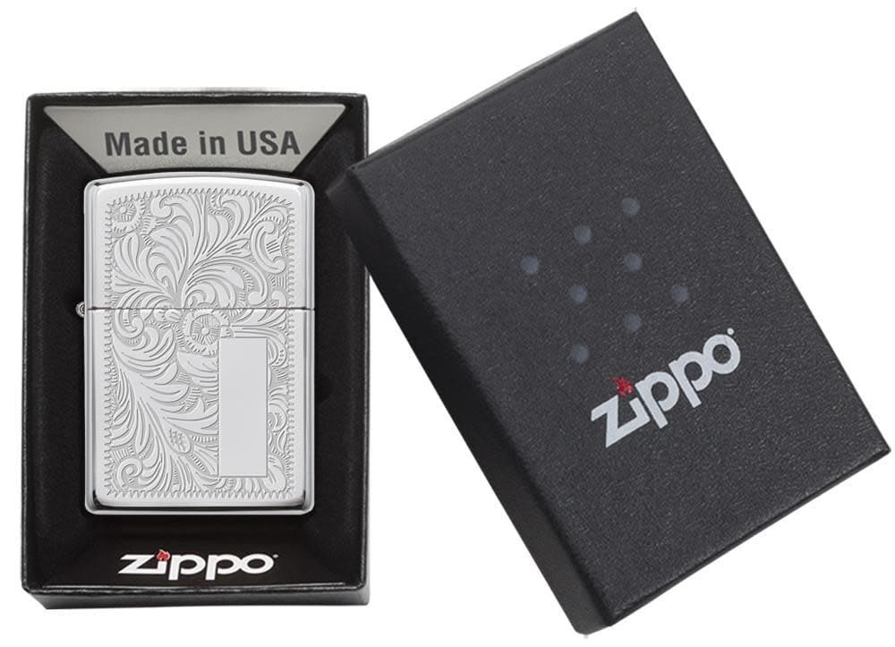 Zippo 352 Venetian High Polish Chrome Windproof Lighter, Classic Model, Silver - OUTBACK