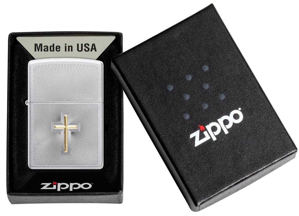 Zippo 48581 205 Auto Two Tone Cross Design Satin Chrome Windproof Lighter - OUTBACK