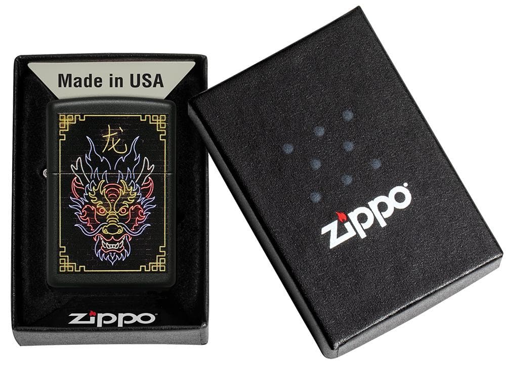 Zippo 49396 218 Neon Dragon Design Black Matte Windproof Lighter, Classic Model, Black - OUTBACK