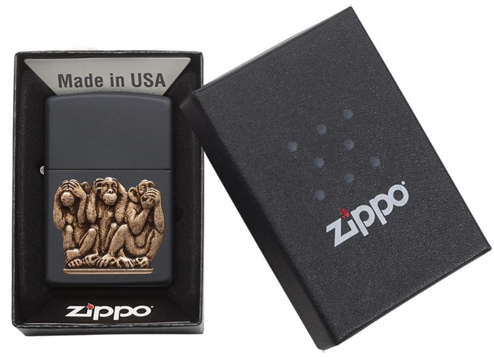 Zippo 29409 218 Zippo Three Monkeys Emblem Black Matte Windproof Lighter, Classic Model, Black - OUTBACK