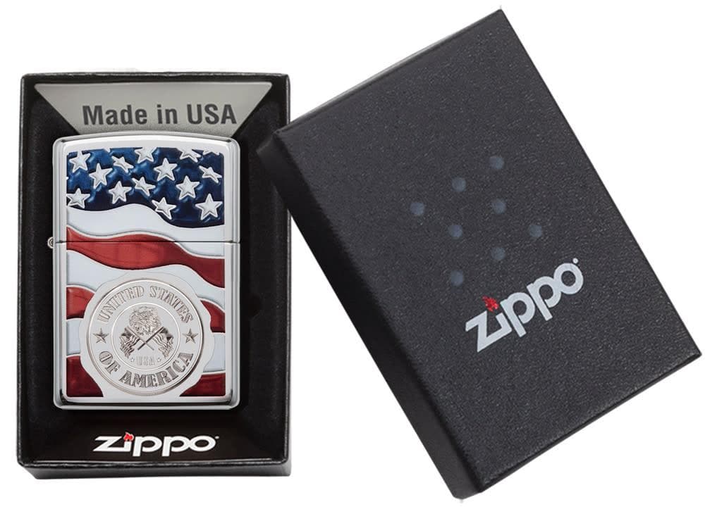 Zippo 29395 250 United States Stamp on American Flag Chrome Windproof Lighter, Classic Model, Silver - OUTBACK