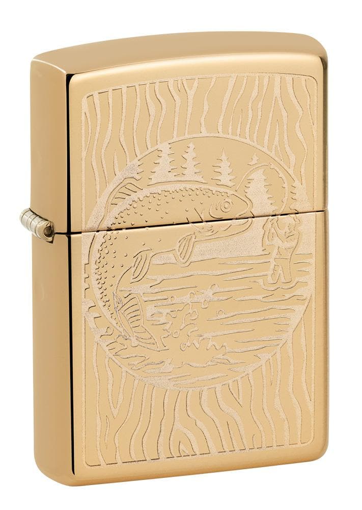 Zippo 49610 Fisherman Design High Polish Brass Windproof Lighter, Classic Model, High Polish Brass - OUTBACK