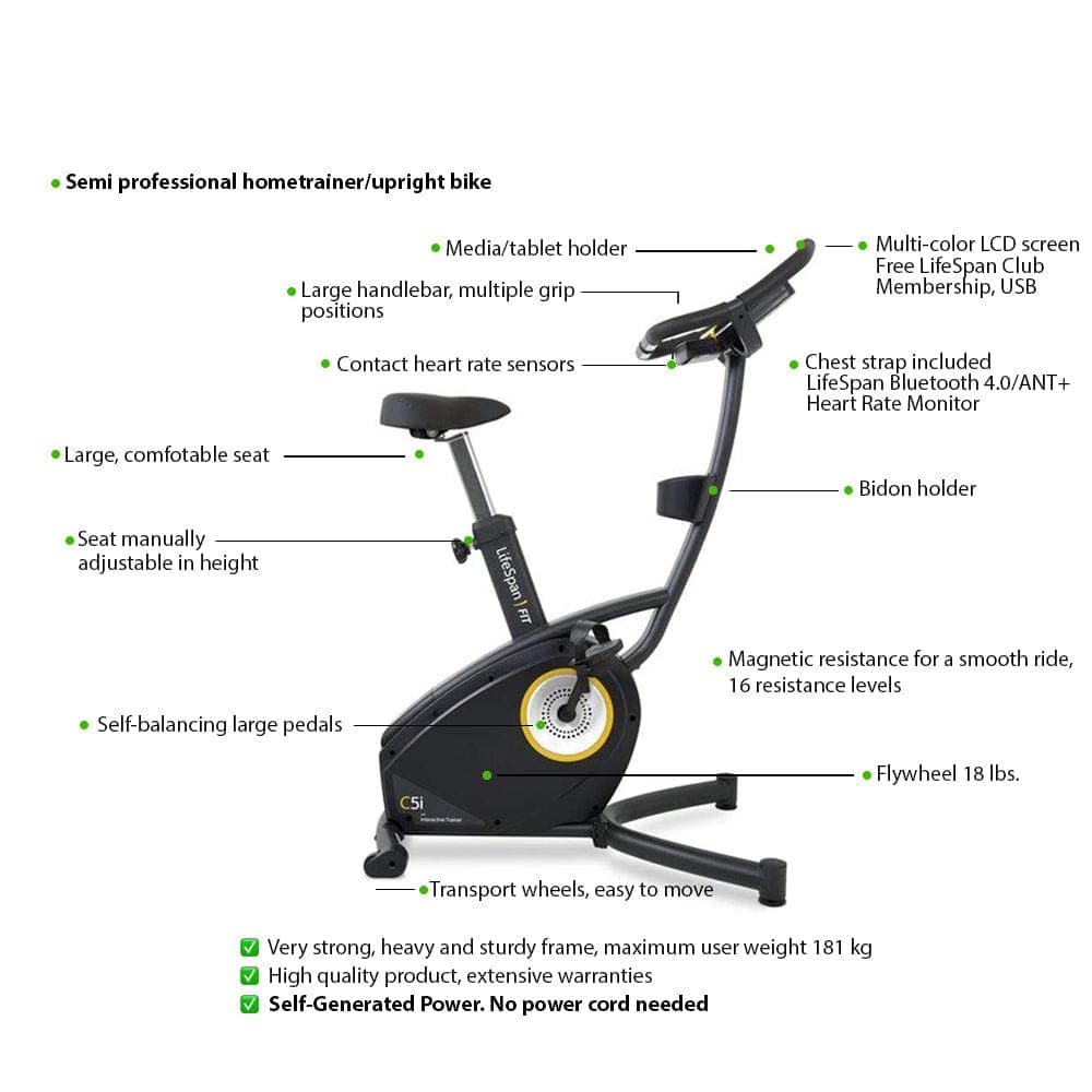 LSLLC Exercise Bikes LifeSpan Fitness C5i Self-Generating Light-Commercial Hometrainer Upright Bike