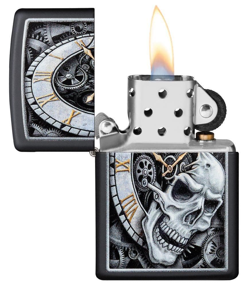 Zippo 29854 218 Skull Clock Design Black Matte Windproof Lighter, Classic Model, Black - OUTBACK