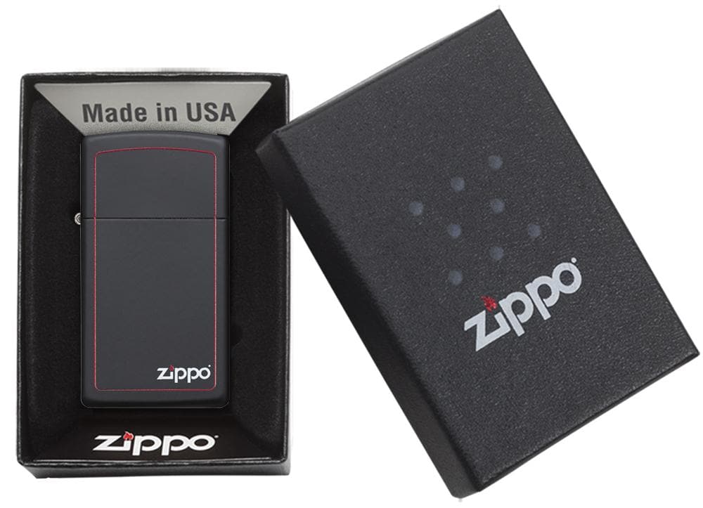 Zippo 1618ZB Slim Black Matte with Red Border with Zippo Logo Windproof Lighter, Slim Model, Black - OUTBACK