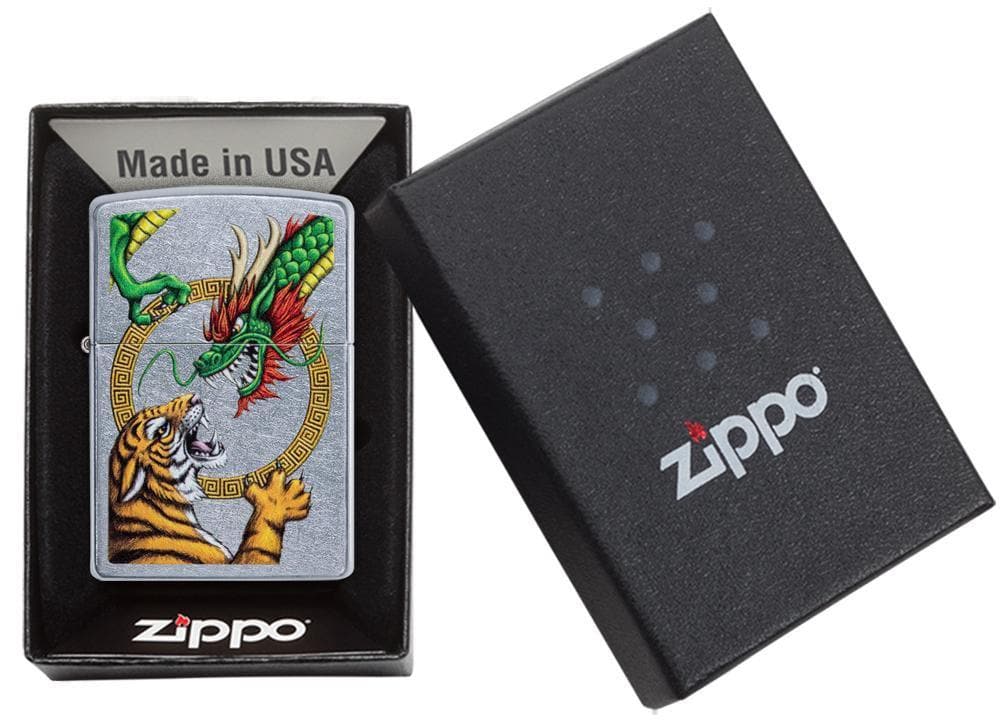 Zippo 29837 207 Chinese Dragon Street Chrome Design Windproof Lighter, Classic Model, Silver - OUTBACK