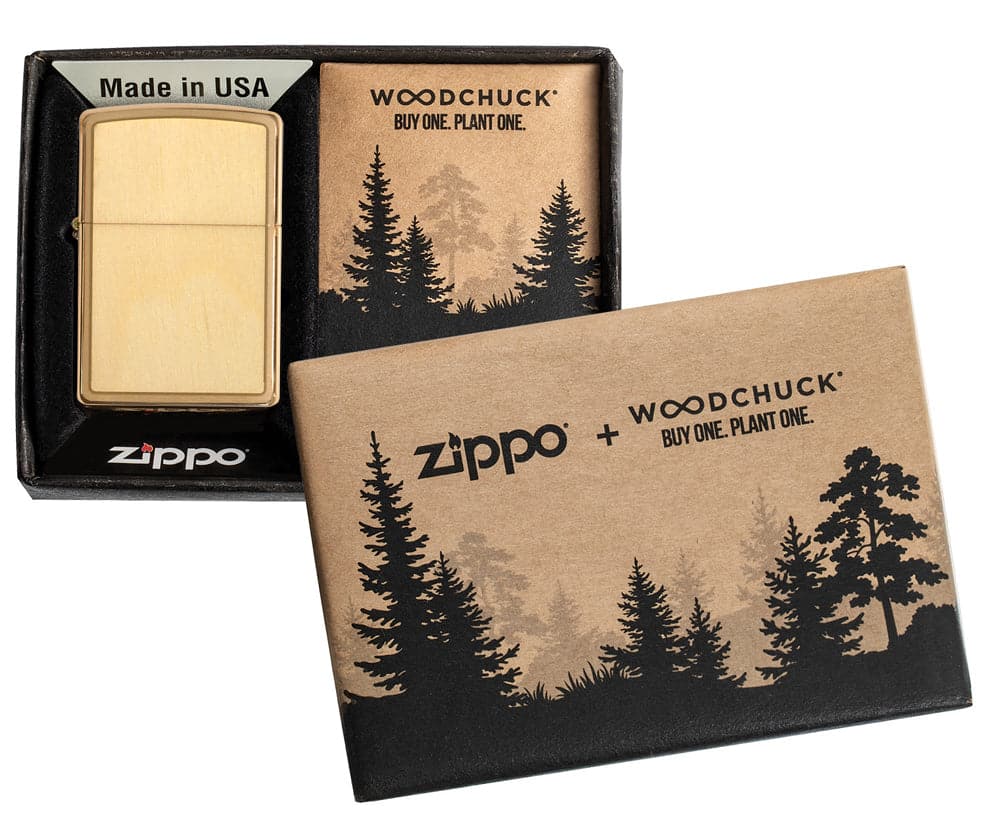 Zippo 49082 204B Woodchuck USA Birch Brushed Brass Windproof Lighter, Classic Model, Gold - OUTBACK