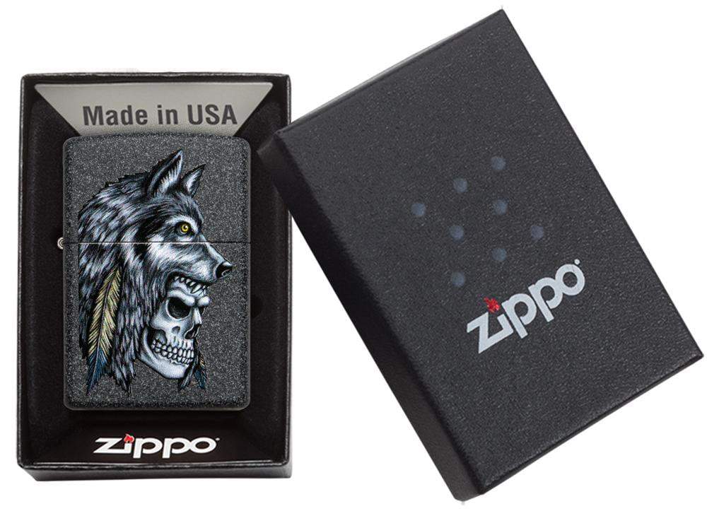 Zippo 29863 211 Wolf Skull Feather Design Iron StoneWindproof Lighter, Classic Model, Black - OUTBACK