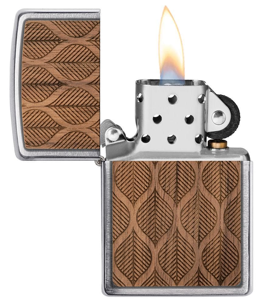 Zippo 49708 200 WOODCHUCK USA Walnut Leaves Two Sided Emblem Brushed Chrome Windproof Lighter - OUTBACK