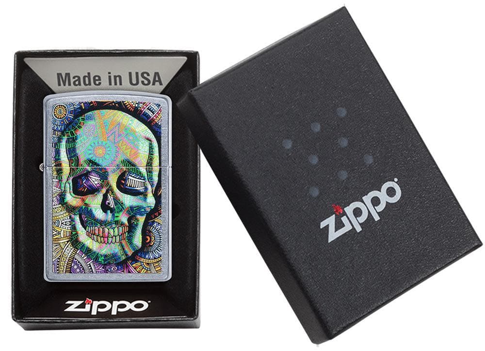 Zippo 49140 207 Geometric Skull Design Street Chrome Windproof Lighter, Classic Model, Silver - OUTBACK