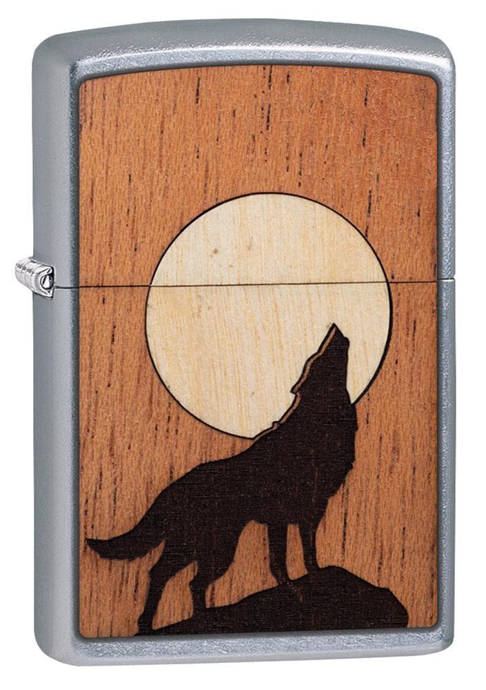 Zippo 49043 207 WOODCHUCK USA Howling Wolf Street Chrome Lighter, Classic Model, Brown - OUTBACK