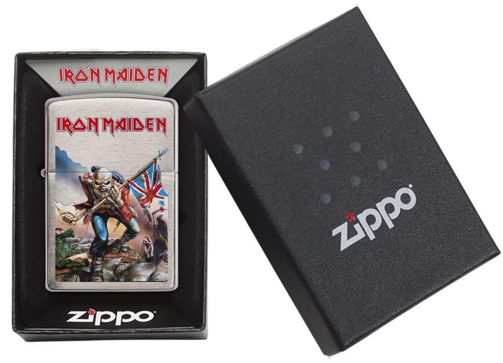 Zippo 29432 200 Iron Maiden Eddie Mascot Brushed Chrome Windproof Lighter, Classic Model, Silver - OUTBACK