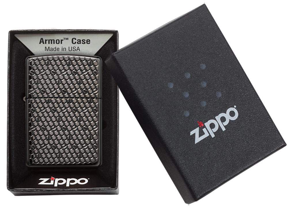 Zippo 49021 150 Hexagon DesignHigh Polish Black  Windproof Lighter, Armor Model, Black - OUTBACK