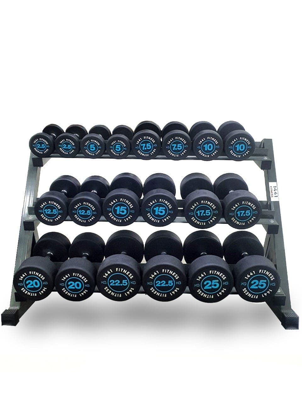 PRSAE Dumbbells 1441 Fitness Premium Round Dumbbell Set 2.5 Kg - 25 Kg (10 Pairs) Blue with 3 Tier Rack