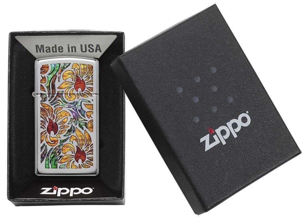 Zippo 29702 1610 Fusion Floral Design Chrome Windproof Lighter, Slim Model, Silver - OUTBACK