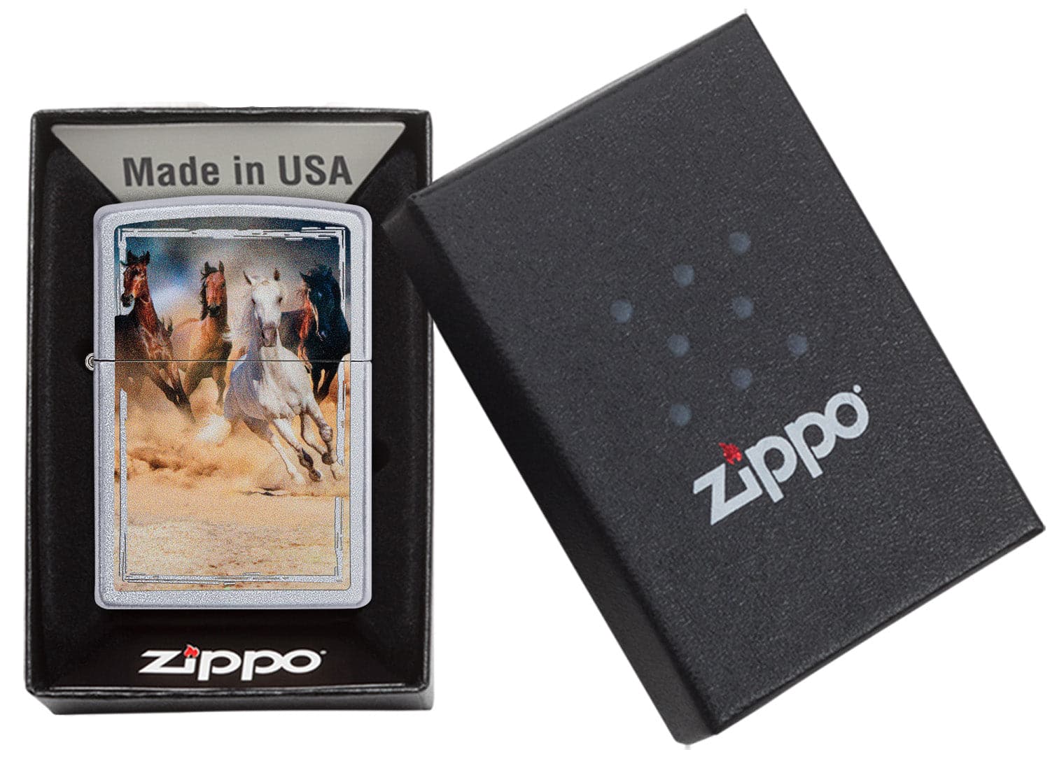 Zippo CI408447 205  Horses Design Satin Chrome Windproof Lighter, Middle East Model, Silver - OUTBACK