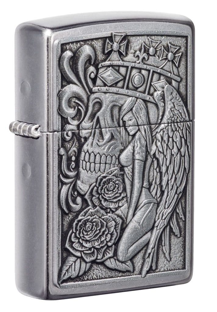 Zippo 49442-087183 207 Skull and Angel Emblem Design Street Chrome Windproof Lighter, Classic Model, Silver - OUTBACK