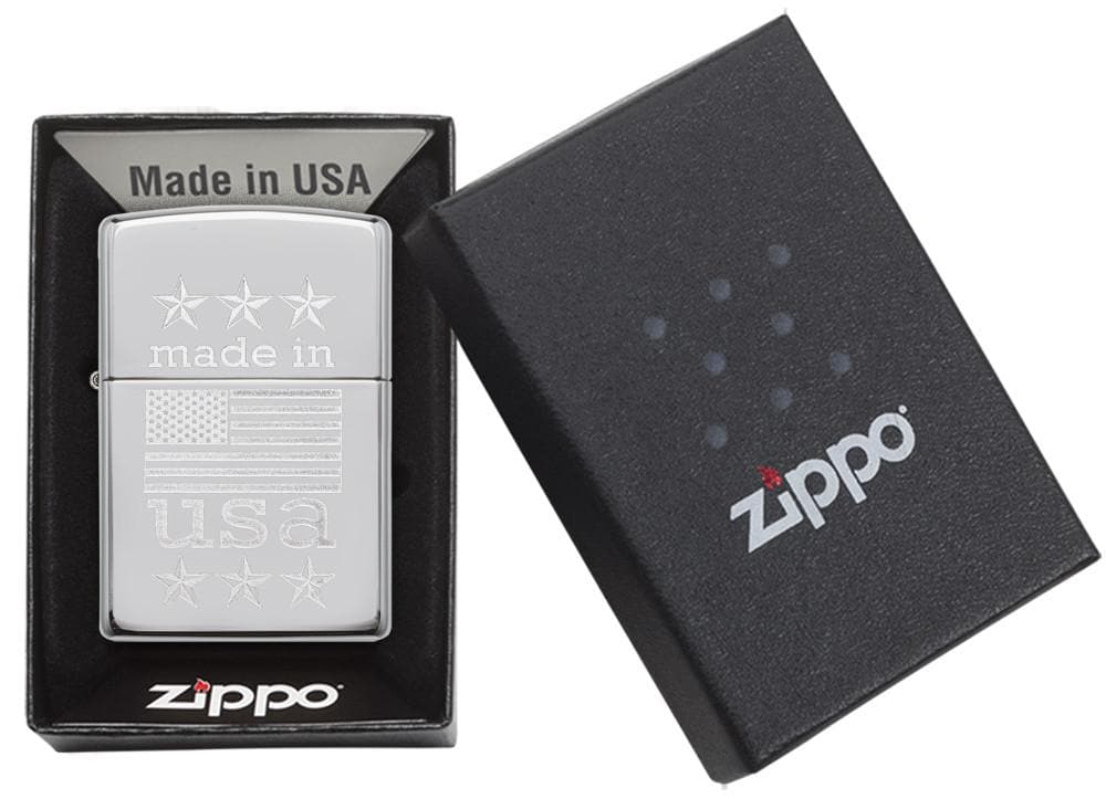 Zippo 29430 250 Made in USA with Flag Engraved High Polish Chrome Lighter , Classic Model, Silver - OUTBACK