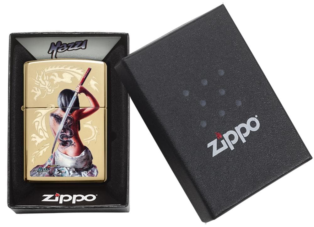 Zippo 29668 254B Mazzi Dragan Girl High Polish Brass Windproof Lighter, Classic Model, Gold - OUTBACK