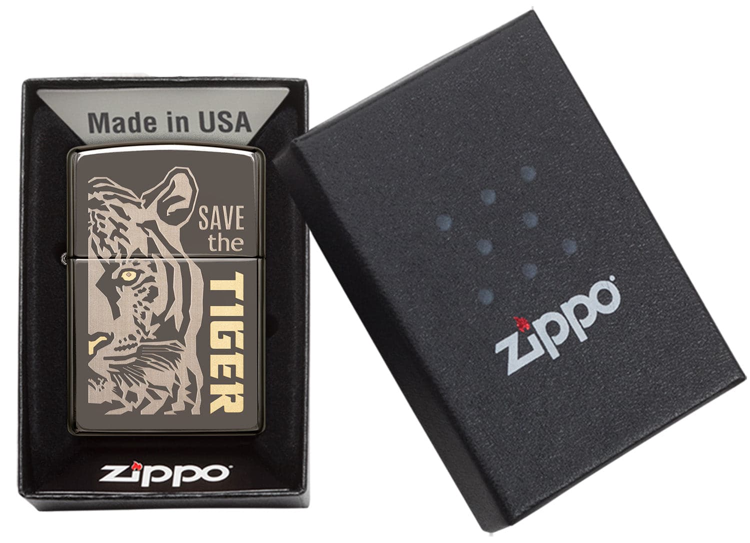 Zippo MP402957 150 Save The Tiger Design Black Ice Windproof Lighter, Middle East Model, Black - OUTBACK