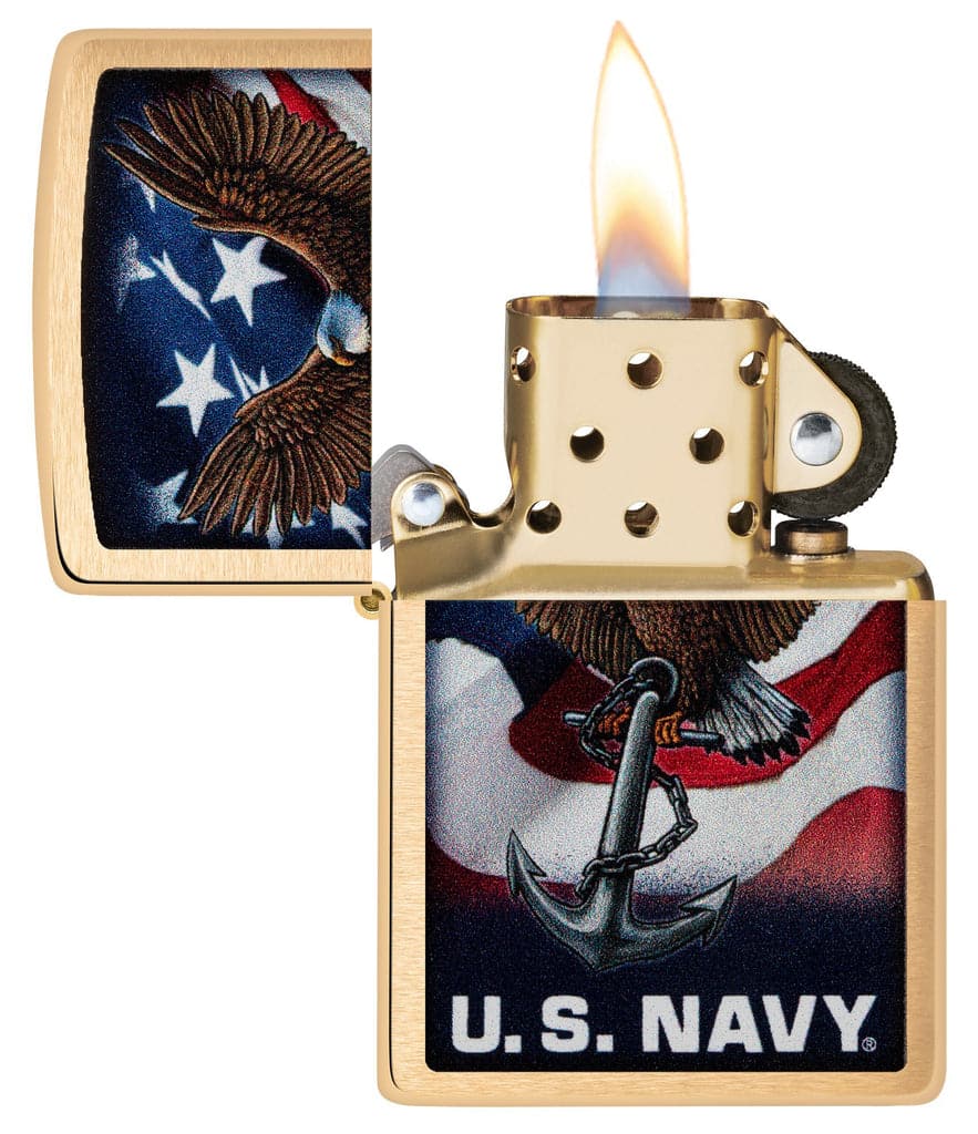 Zippo 48549 204B U.S. Navy Eagle Anchor & Flag Brushed Brass Windproof Lighter - OUTBACK