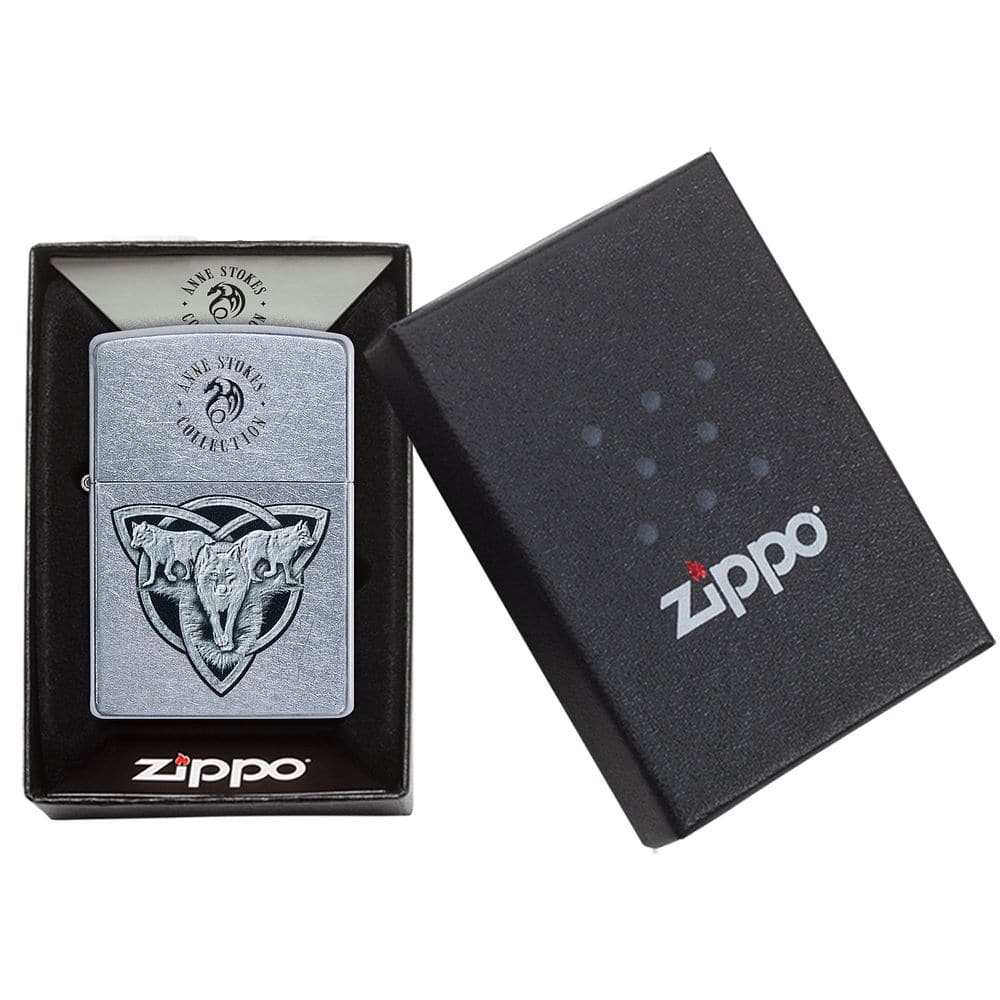 Zippo 49099 Zippo Anne Stokes Wolf Trio Lighter Street Chrome Windproof Lighter, Classic Model, Silver - OUTBACK