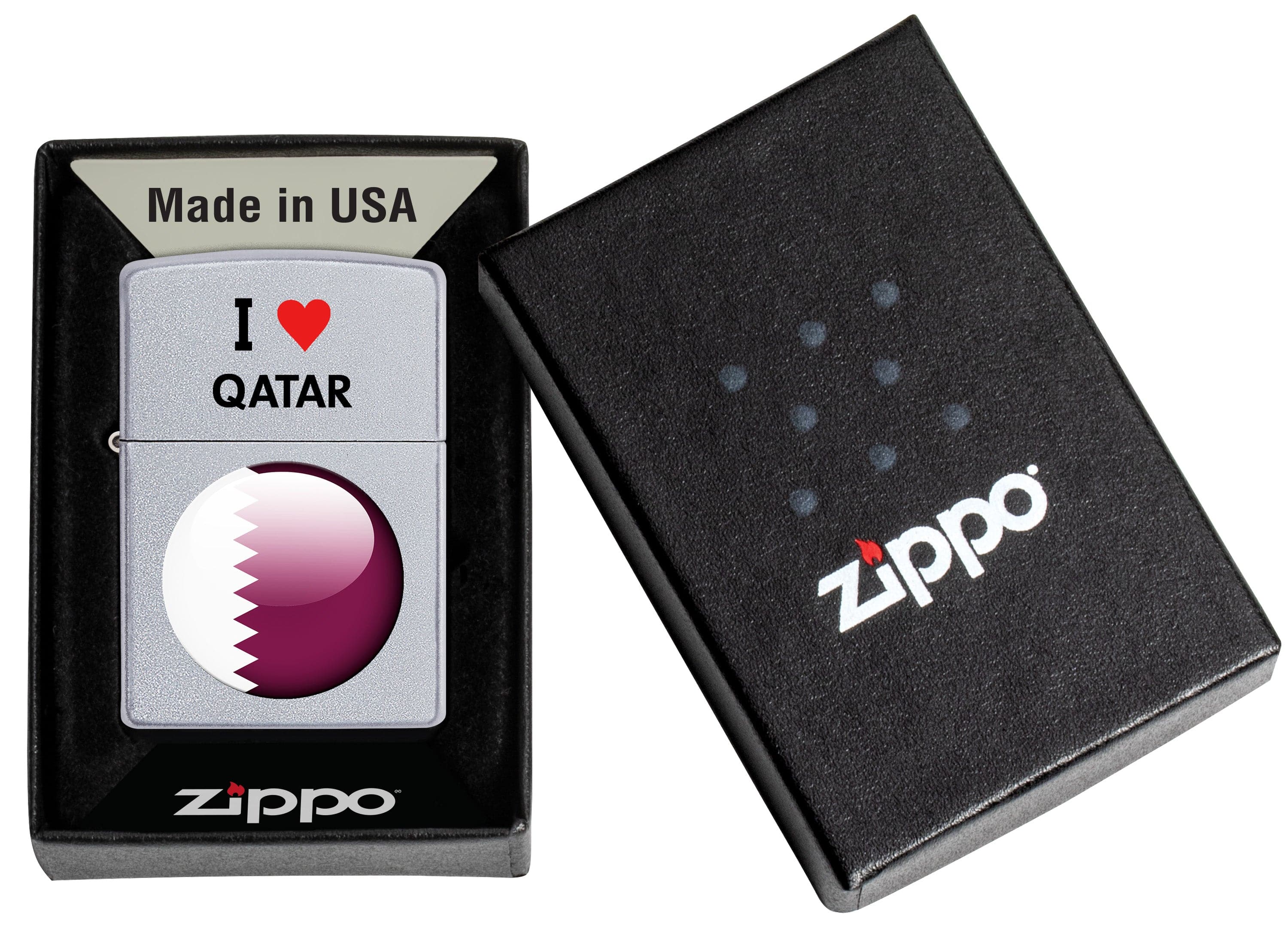 Zippo CI412705 205 I Love Qatar Design Satin Chrome Windproof Lighter, Middle East Model, Silver - OUTBACK