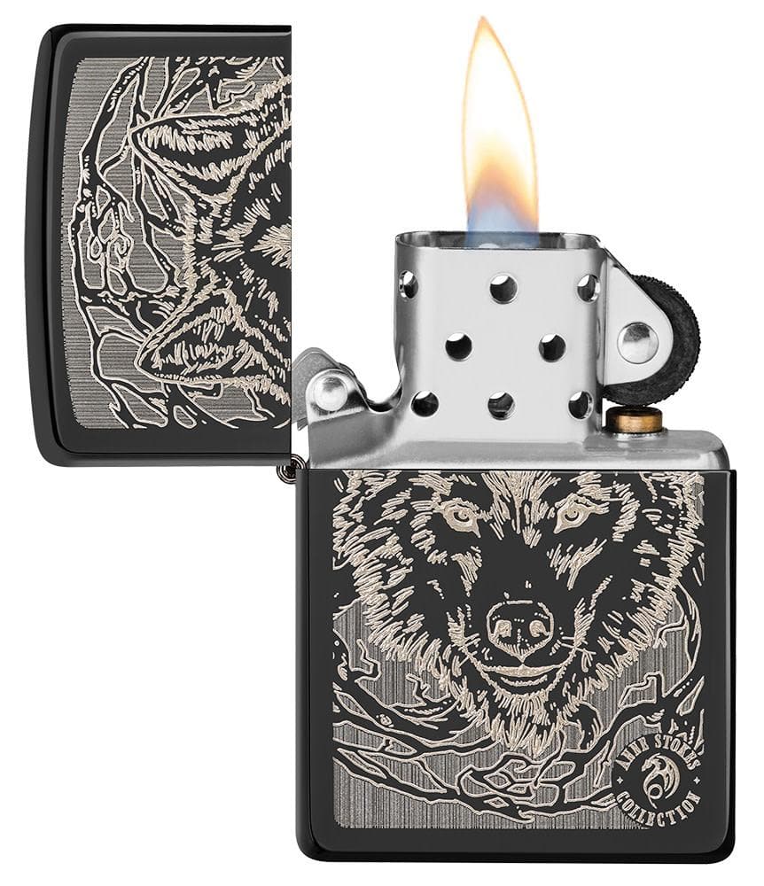 Zippo 49443 24756 Anne Stokes Wolf High Polish Black Windproof Lighter, Anne Stokes Model, Black - OUTBACK