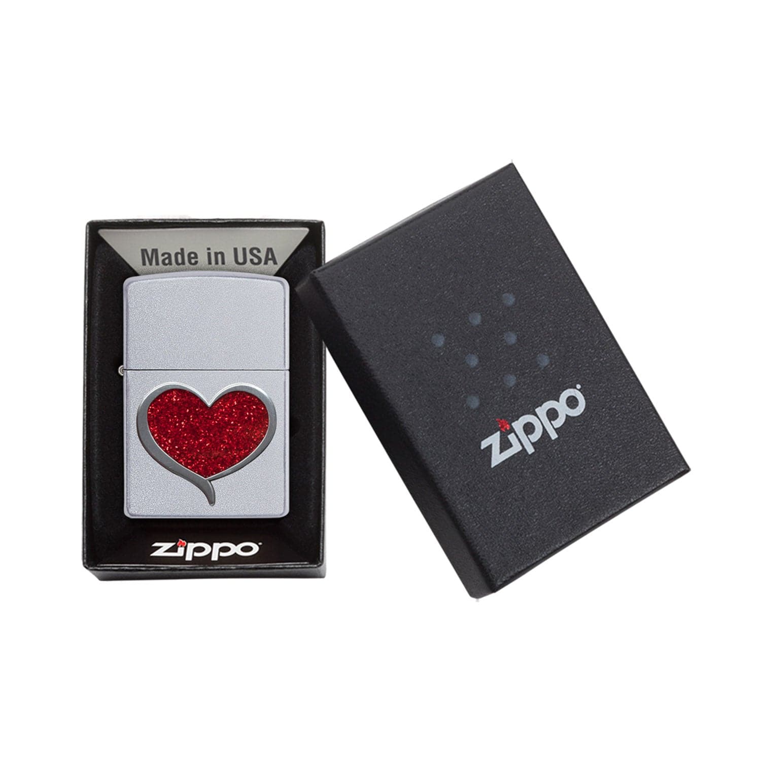 Zippo 29410 Glitter Heart Satin Chrome Windproof Lighter, Classic Model, Silver - OUTBACK