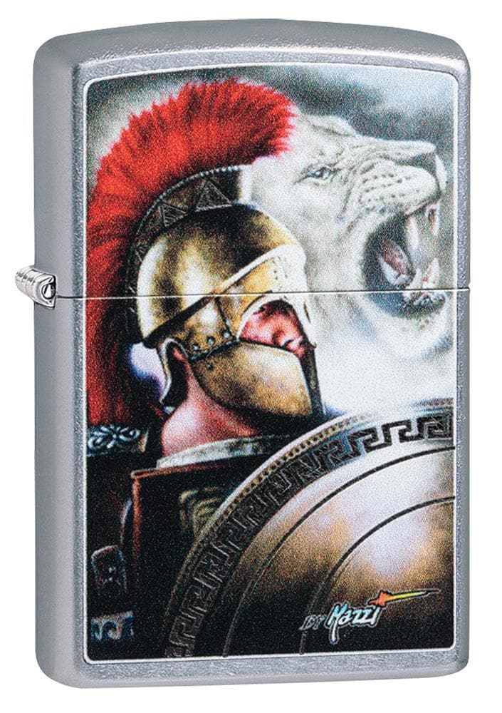 Zippo 49095 Mazzi Spartan Warrior and Lion Street Chrome Windproof Lighter, Classic Model, Silver - OUTBACK