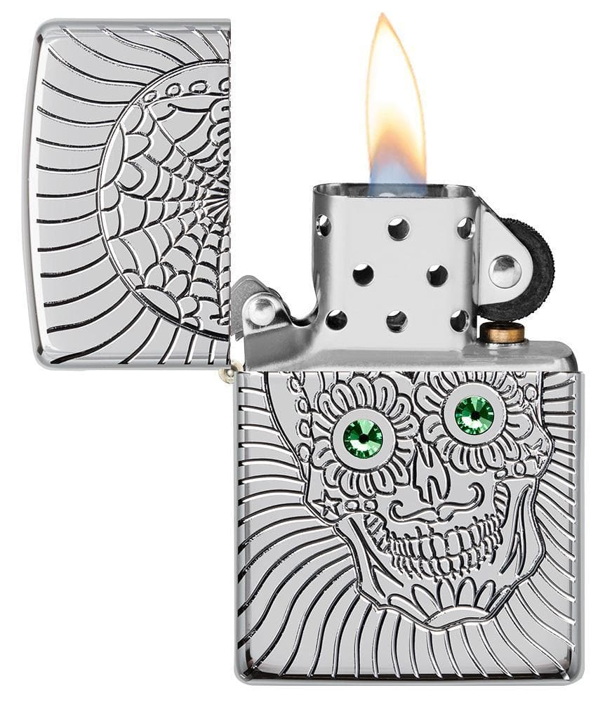 Zippo 49172 Armor Sugar Skull Design High Polish Chrome Windproof Lighter, Classic Model, Silver - OUTBACK