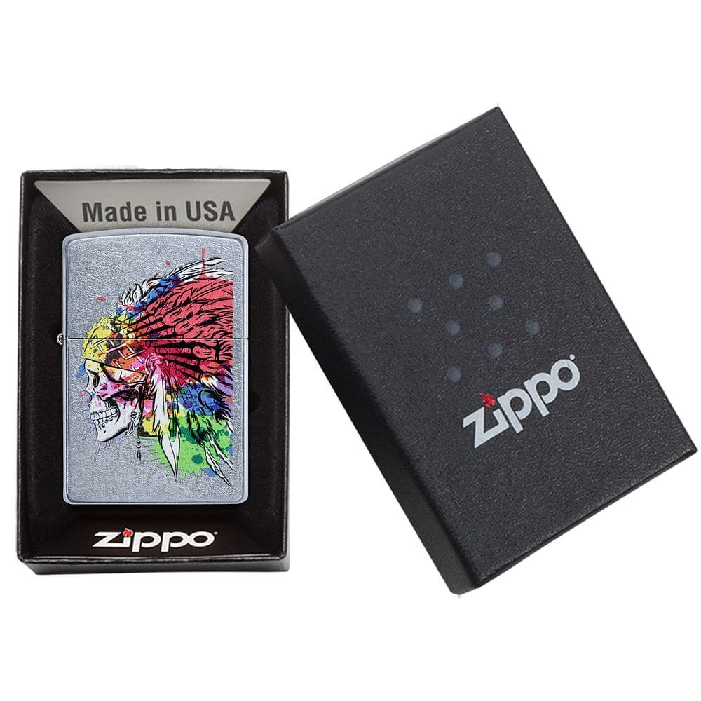 Zippo 49111 207 Skull With Headdress Design Street Chrome Windproof Lighter, Classic Model, Multi-colour - OUTBACK