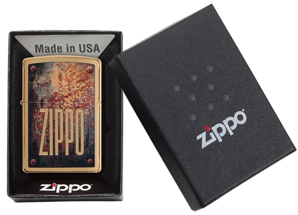 Zippo 29879 204B Rusty Palte Design Brushed Brass Windproof Lighter, Classic Model, Gold - OUTBACK