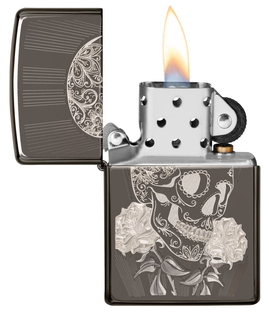 Zippo 29883 Fancy Skull Design Black Ice Windproof Lighter, Classic Model, Black - OUTBACK