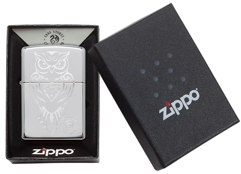 Zippo 49101 250 Engraved Owl Anne Stokes High Polished Chrome Windproof Lighter, Anne Stokes Model, Silver - OUTBACK