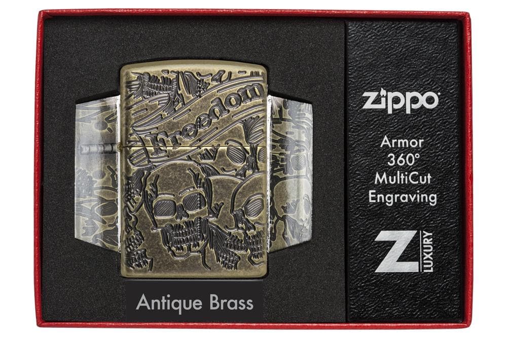 Zippo 49035 29561 Armor Freedom Skull Antique Brass Design Windproof Lighter, Classic Model, Brown - OUTBACK