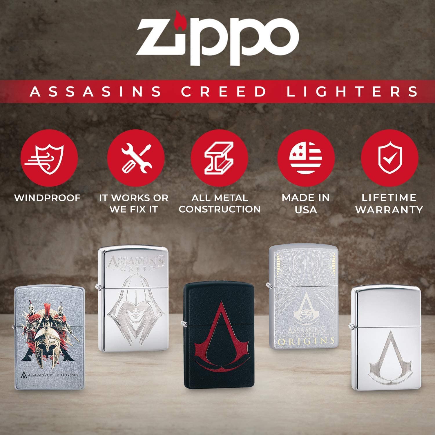 Zippo 29486 Assassin's Creed Windproof Lighter, Classic Model, Silver - OUTBACK