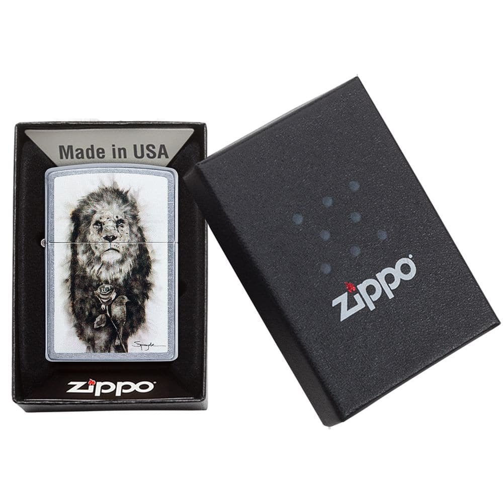 Zippo 49088 Spazuk Lion & Rose Street Chrome Windproof Lighter, Classic Model, Silver - OUTBACK