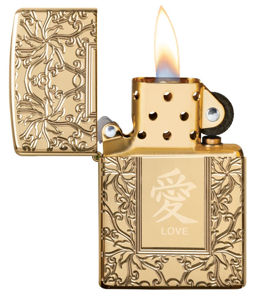 Zippo 49022 169 Chinese Love High Polish Brass Windproof Lighter, Armor Model, Gold - OUTBACK