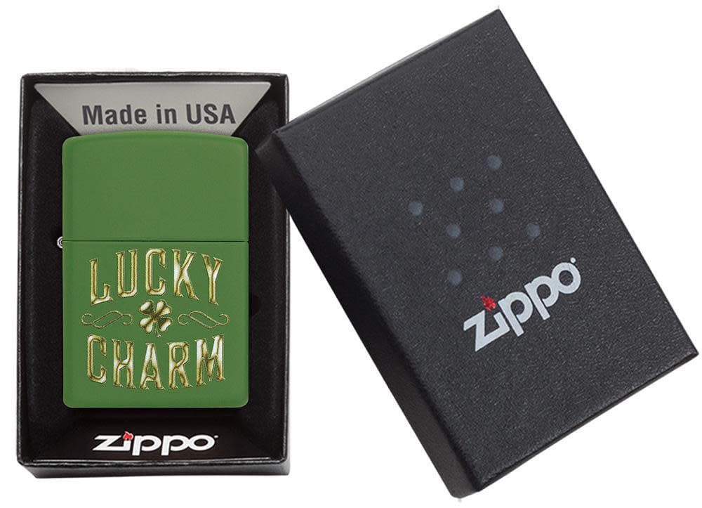 Zippo 49138 228 Lucky Charm Design Green Matte Windproof Lighter, Classic Model, Green - OUTBACK