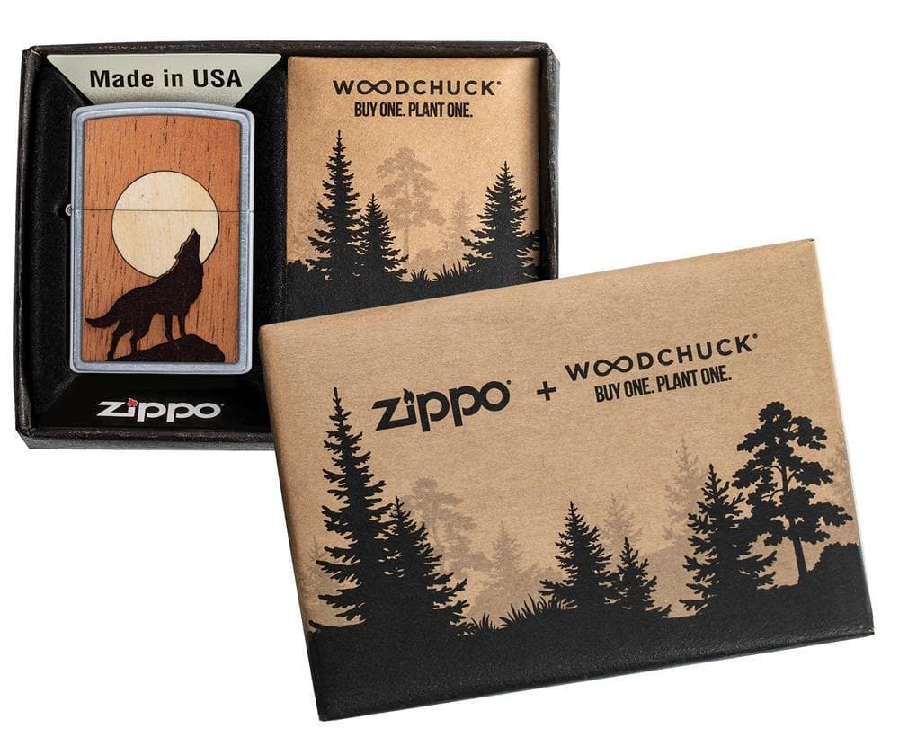 Zippo 49043 207 WOODCHUCK USA Howling Wolf Street Chrome Lighter, Classic Model, Brown - OUTBACK