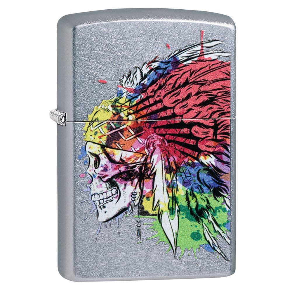 Zippo 49111 207 Skull With Headdress Design Street Chrome Windproof Lighter, Classic Model, Multi-colour - OUTBACK