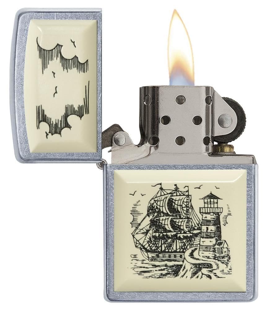 Zippo 29397 207 Scrimshaw Ship Street Chrome Windproof Lighter, Classic Model, Silver - OUTBACK