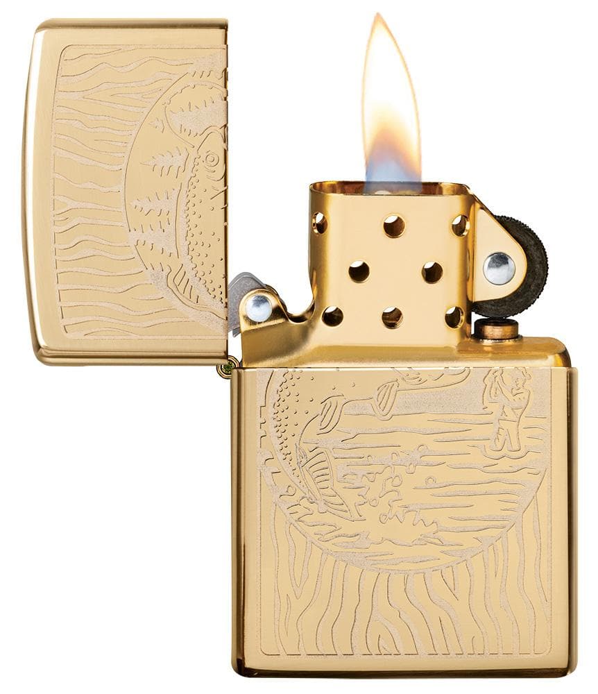 Zippo 49610 Fisherman Design High Polish Brass Windproof Lighter, Classic Model, High Polish Brass - OUTBACK