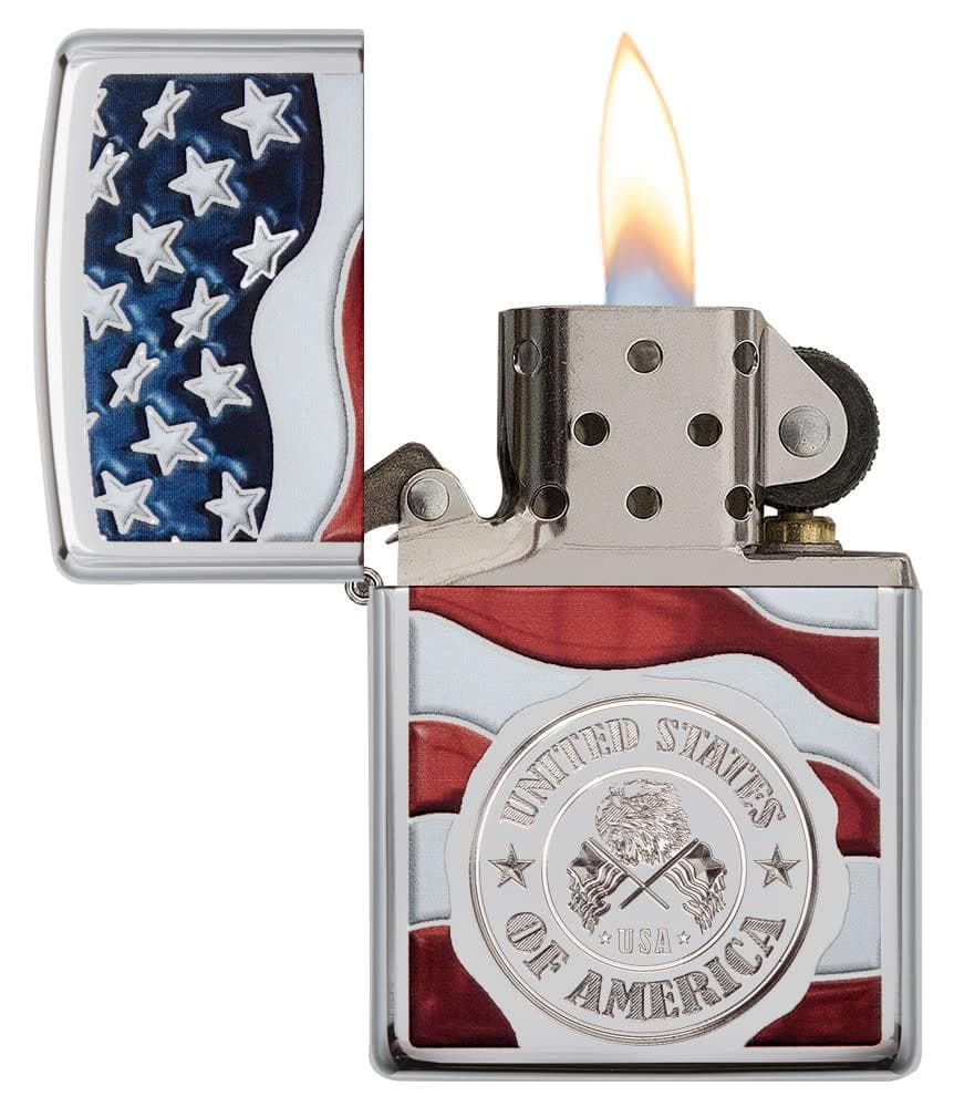 Zippo 29395 250 United States Stamp on American Flag Chrome Windproof Lighter, Classic Model, Silver - OUTBACK