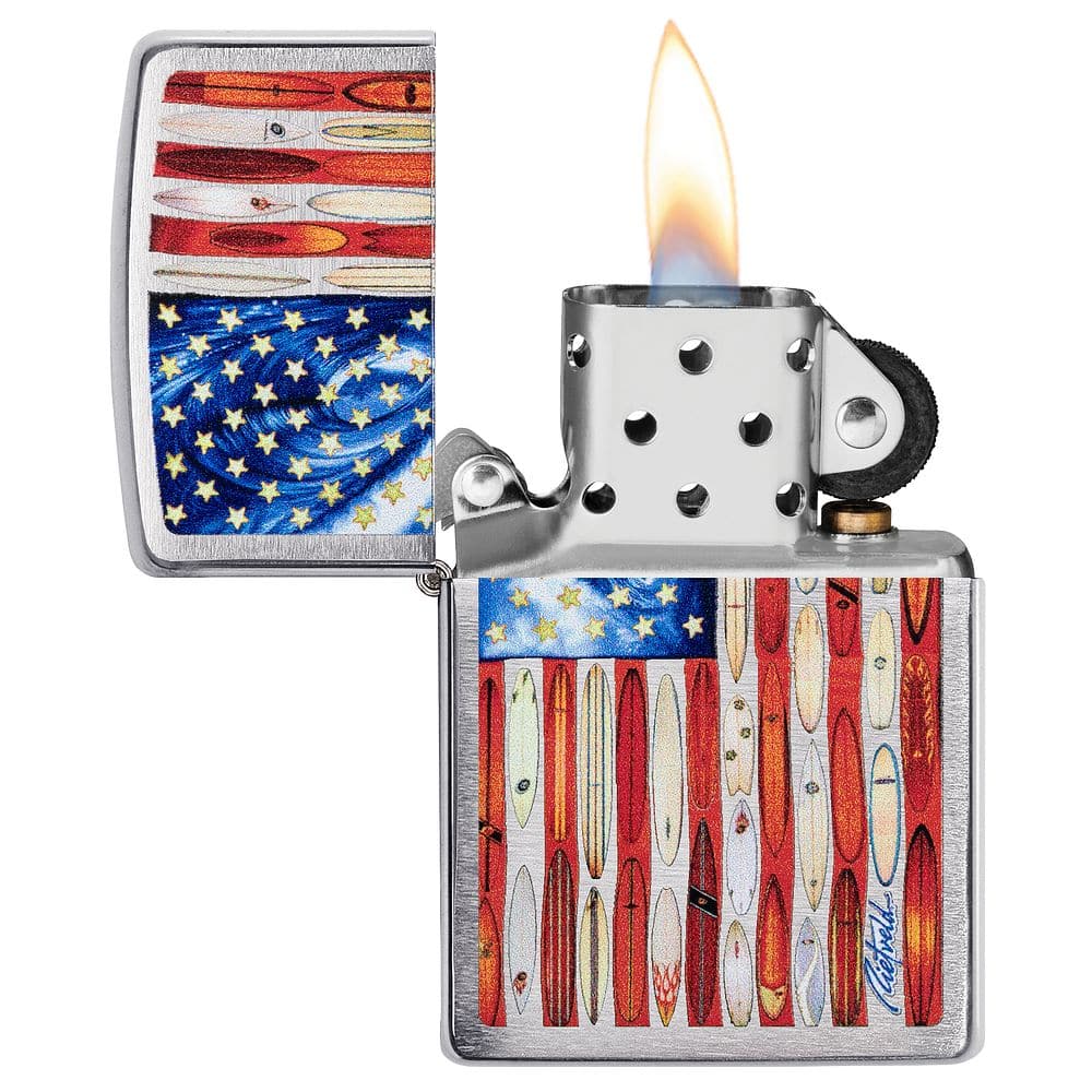 Zippo 49145 Rick Rietveld American Flag Lighter Brushed Chrome Windproof Lighter, Classic Model, Silver - OUTBACK