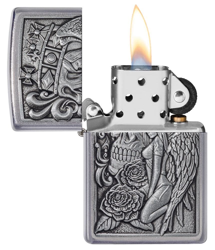 Zippo 49442-087183 207 Skull and Angel Emblem Design Street Chrome Windproof Lighter, Classic Model, Silver - OUTBACK