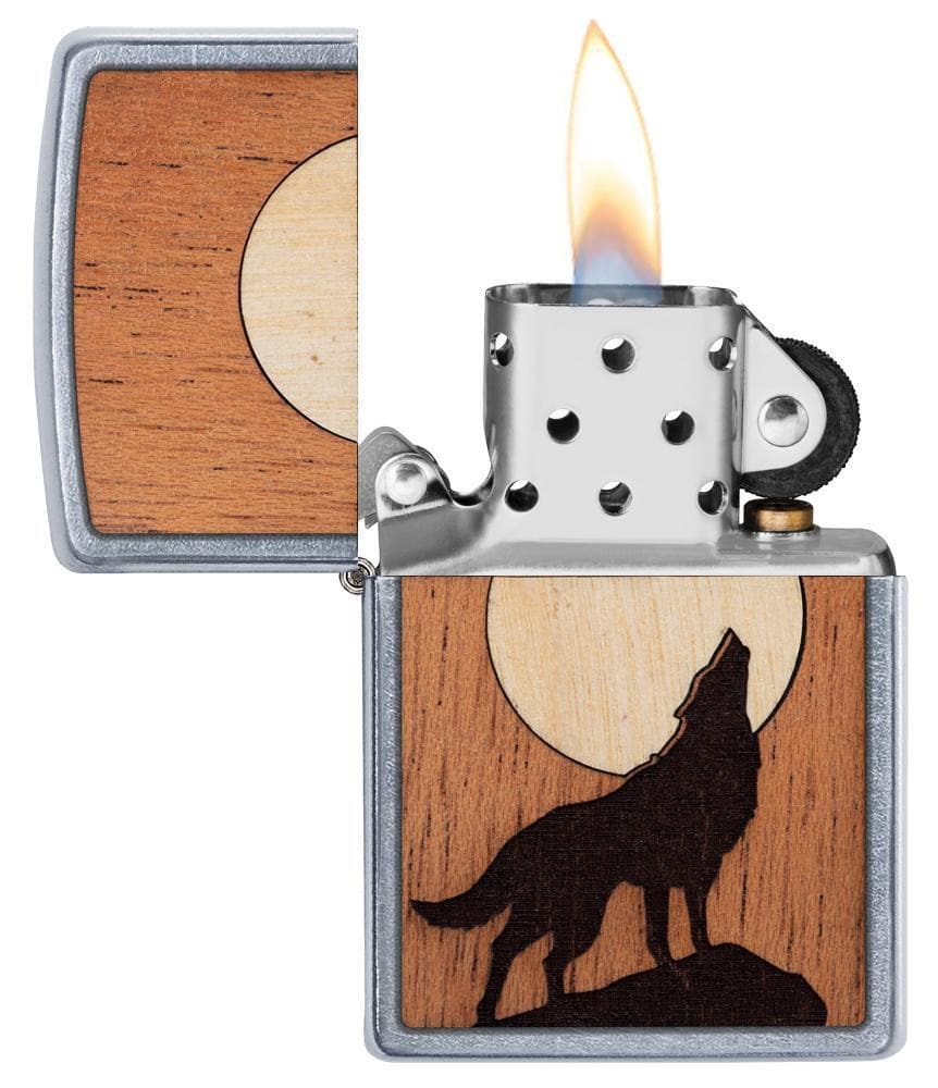 Zippo 49043 207 WOODCHUCK USA Howling Wolf Street Chrome Lighter, Classic Model, Brown - OUTBACK