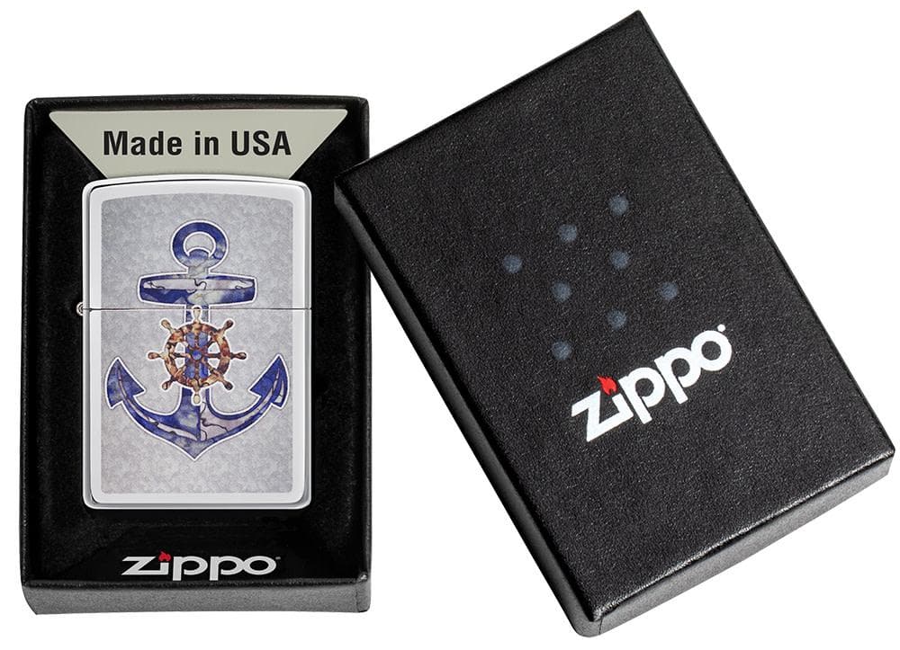 Zippo 49411 250 Anchor Design High Polish Chrome Windproof Lighter, Classic Model, Silver - OUTBACK